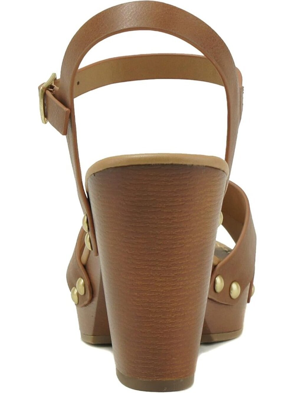 Women's Tan Pu Fashion Chunky Platform Block Mid Heel Sandal With Ankle Strap - Picture 2 of 4